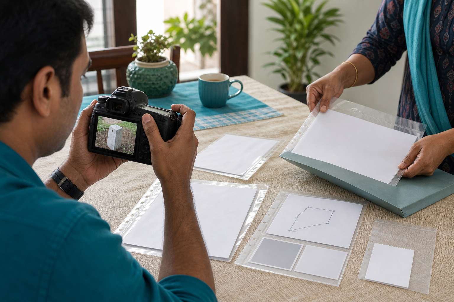 A citizen photographs land evidence and organizes document copies, a parcel sketch, and an unlabeled receipt in protective sleeves.