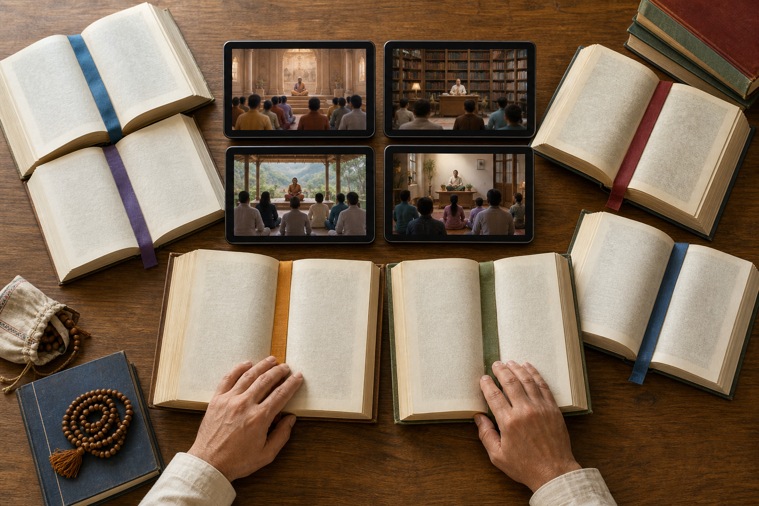A listener compares open scripture volumes beside four screens showing anonymous teachers in different devotional settings.