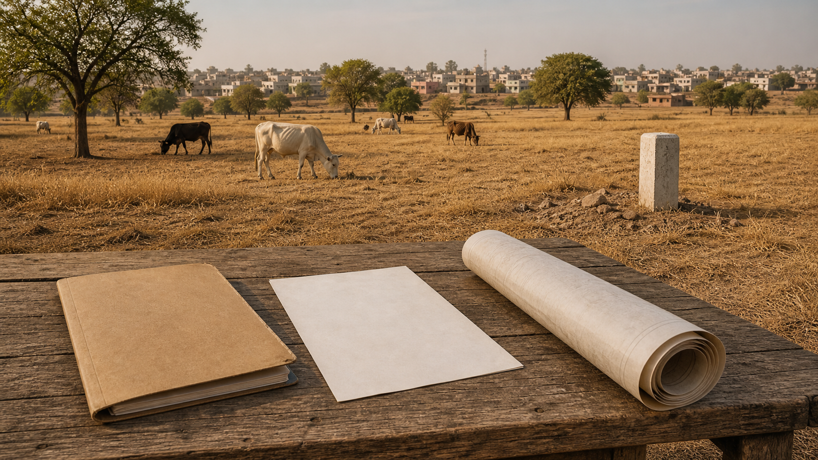 Open grazing land beside a western Maharashtra town, with cattle in the distance and an official file, blank petition sheet, and rolled land map on a survey table.