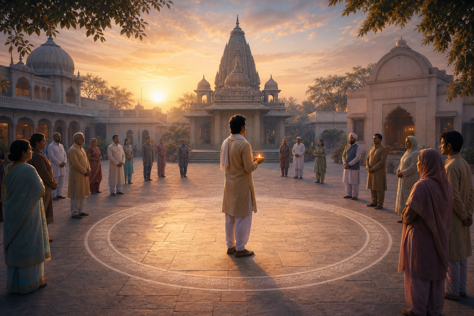 An adult holding a clay lamp stands alone at the center of an Indian courtyard while several open paths and respectfully distant community members surround them.