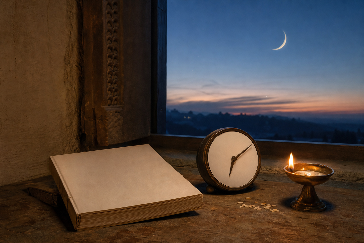 A blank panchang, an unnumbered analog clock, a brass lamp, and a crescent moon appear in a predawn household scene.
