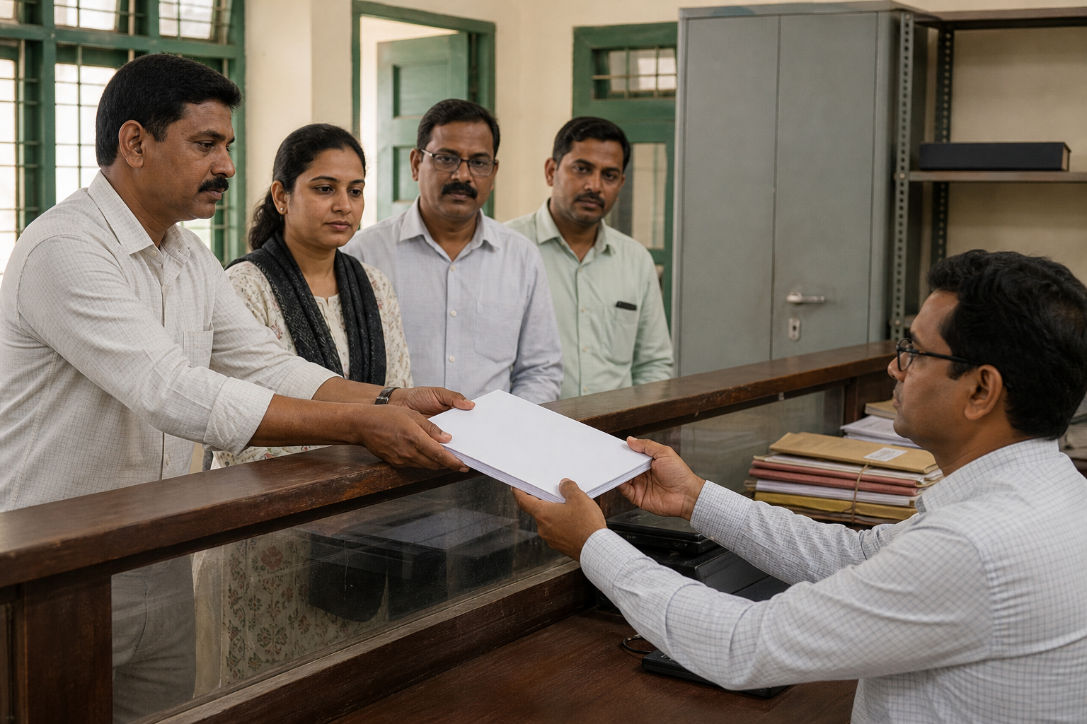 Civic representatives hand an unmarked petition to a clerk at a government office counter while closed administrative files remain in the background.