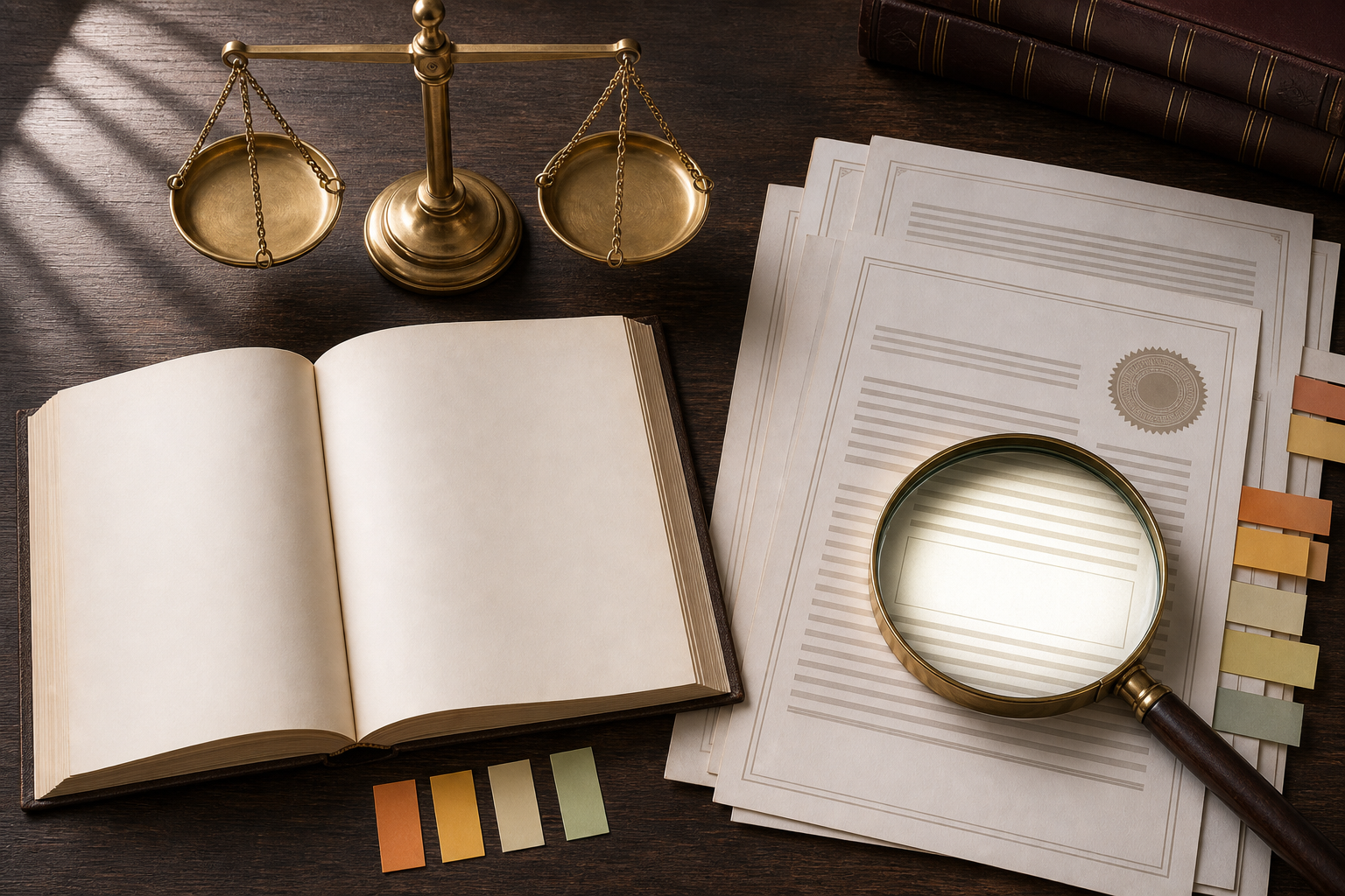 A magnifying glass, balanced brass scales, an open unmarked law book, and document sheets are arranged on a wooden desk.