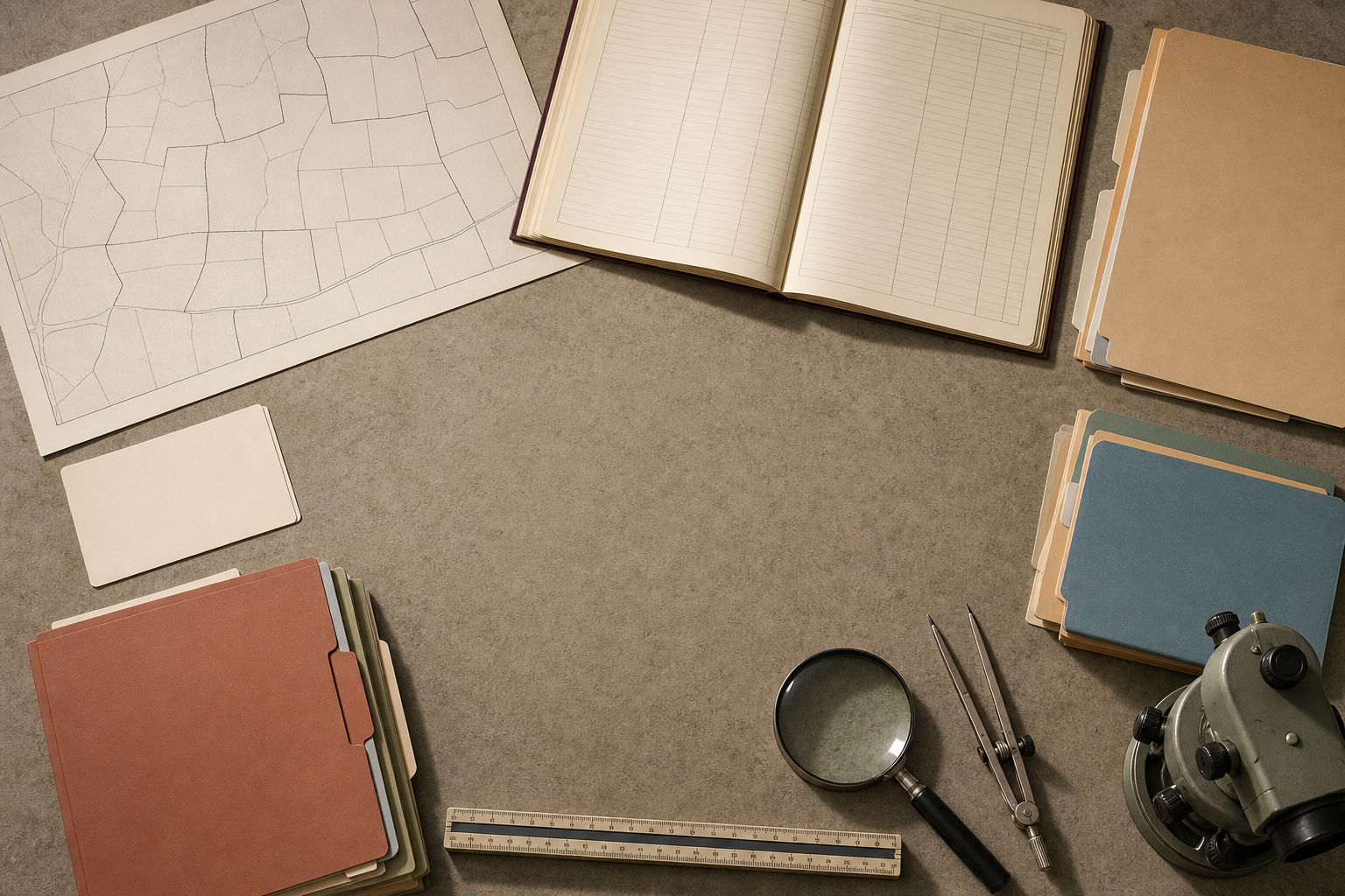 An overhead view of parcel maps, blank land records, file folders, survey tools, and a magnifying glass arranged on an office table.