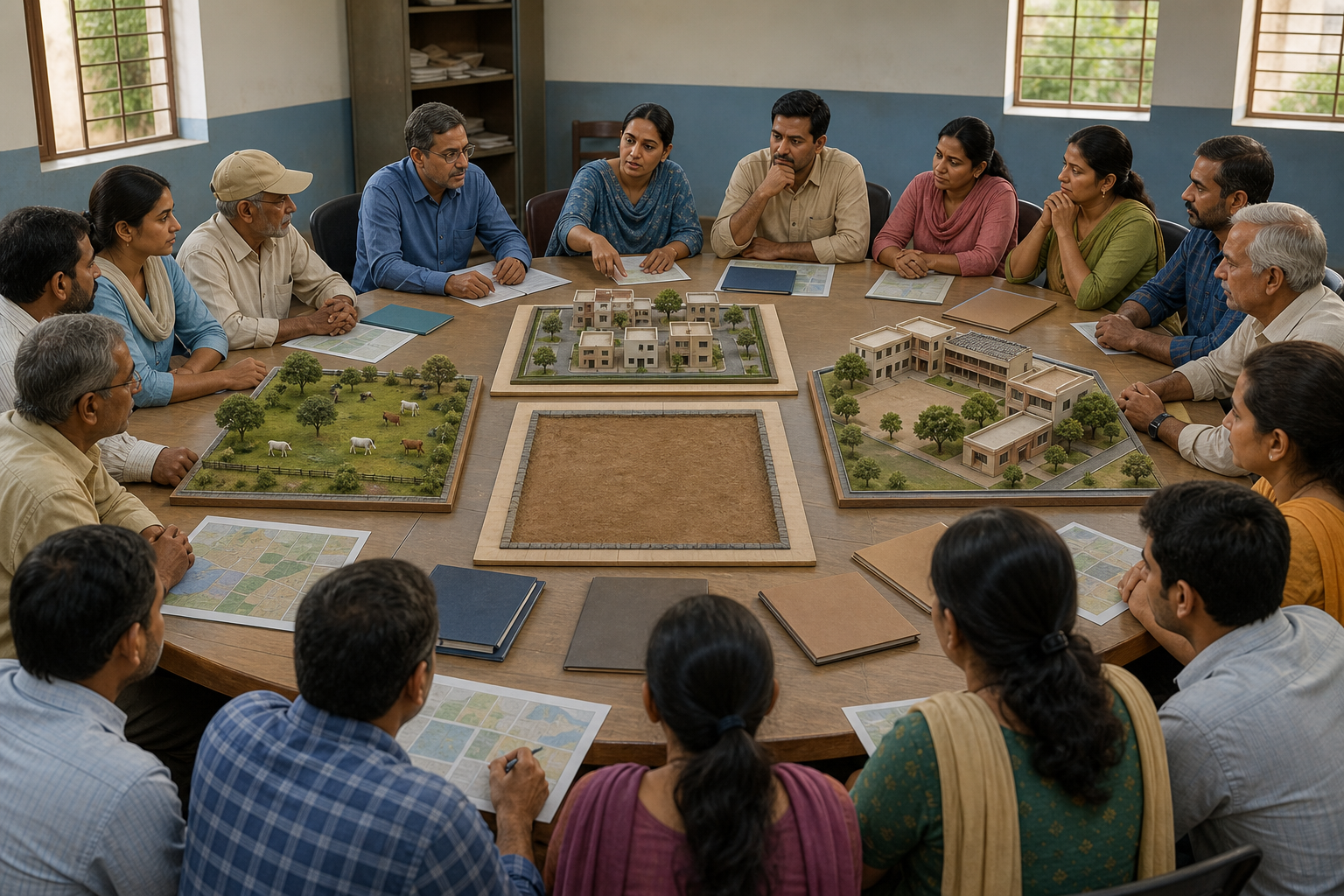 Residents and planners compare models of preserved grazing land, public-safety housing, and a community building during a calm municipal consultation.