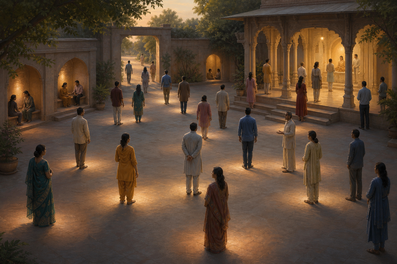 Adults stand in separate spaces across a community courtyard, with some approaching a ceremonial pavilion and others remaining near open paths and exits.