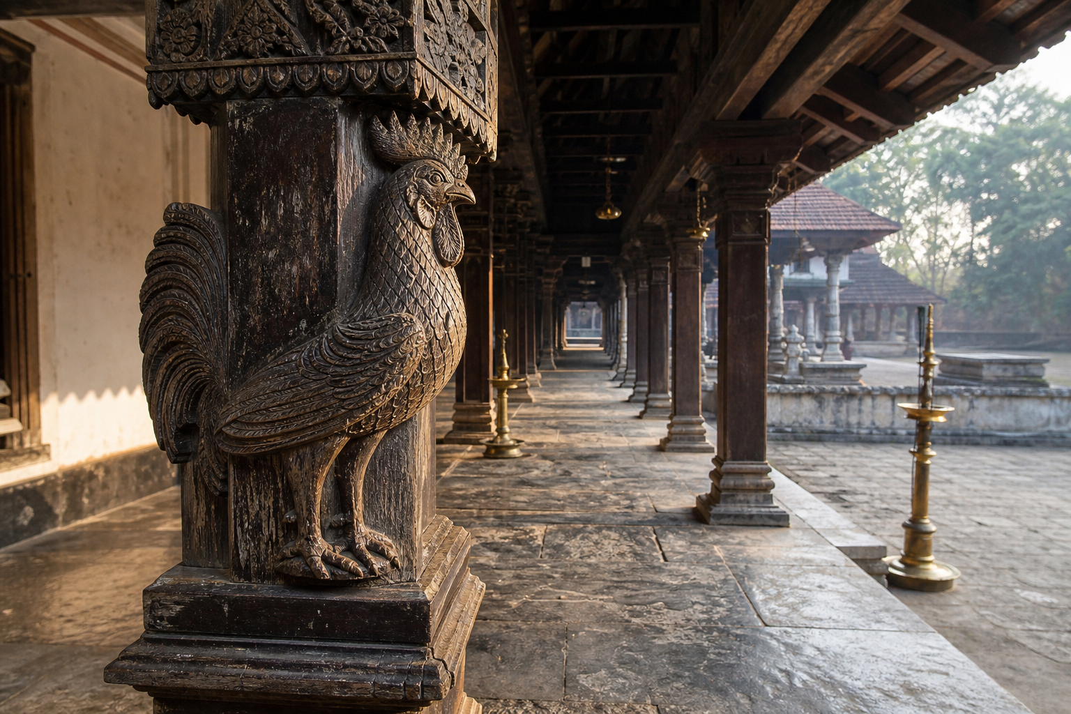 Carved rooster on a dark wooden pillar in a South Indian temple corridor lit by early-morning sunlight.