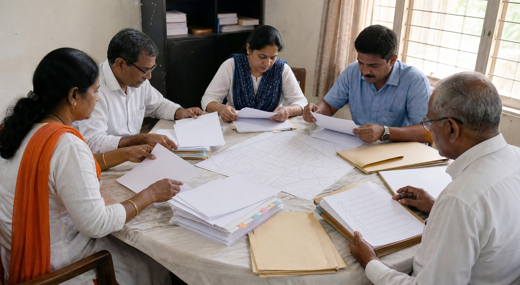 A peaceful civic group organizes blank land records, a parcel map, and a petition folder around a meeting table.