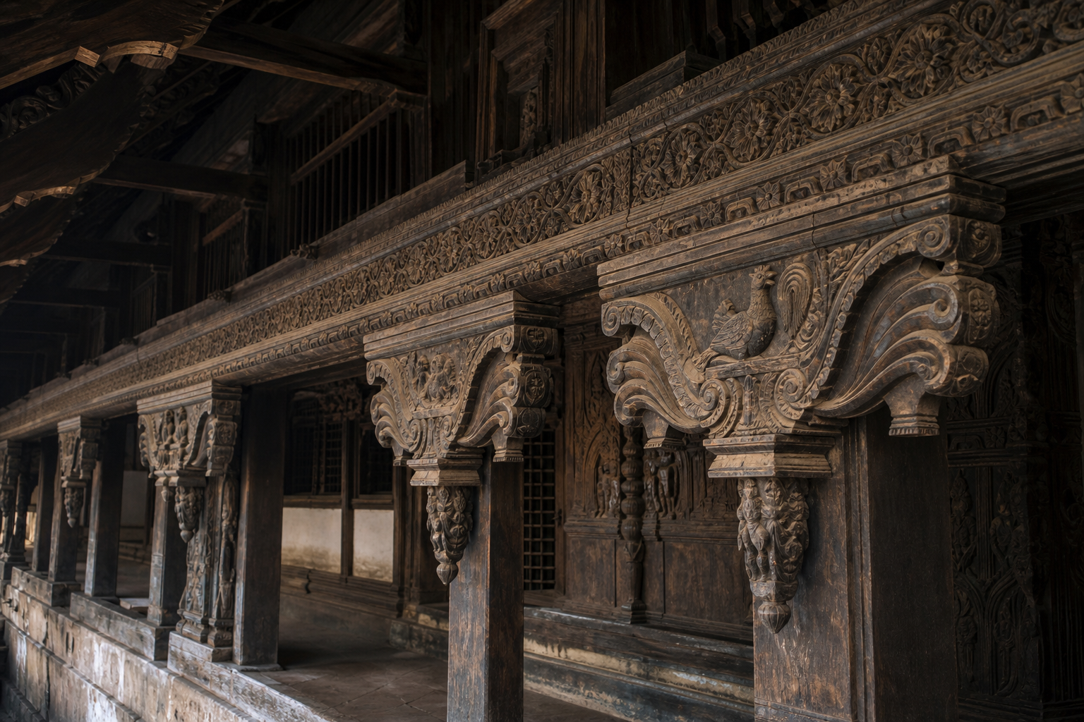 Rooster motif integrated into a carved wooden canopy with surrounding decorative bands in a South Indian temple passage.