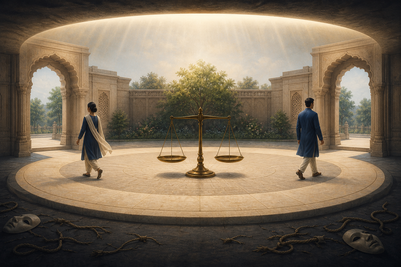 Two adults walk freely in opposite directions through open archways around a level brass balance in a symmetrical stone courtyard.
