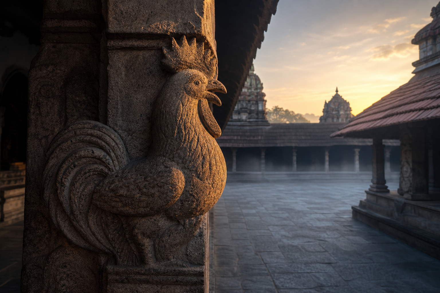 Rooster relief on a temple pillar catching the first sunlight across a quiet South Indian courtyard.