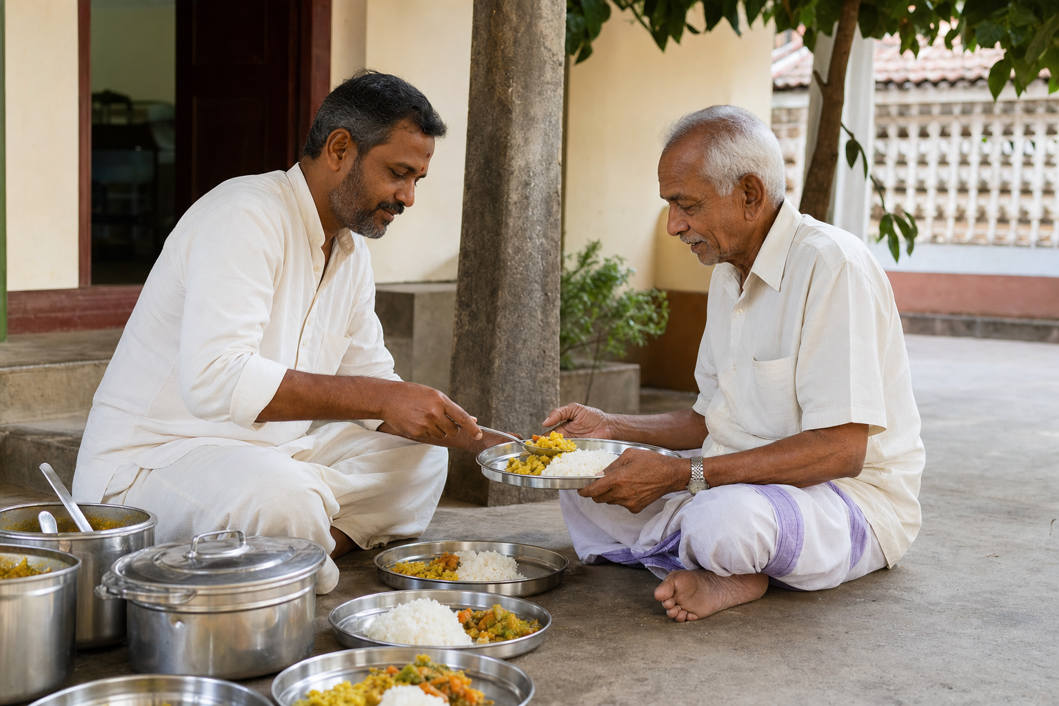 A devotee respectfully serves a vegetarian meal to an elderly visitor in a modest community courtyard.
