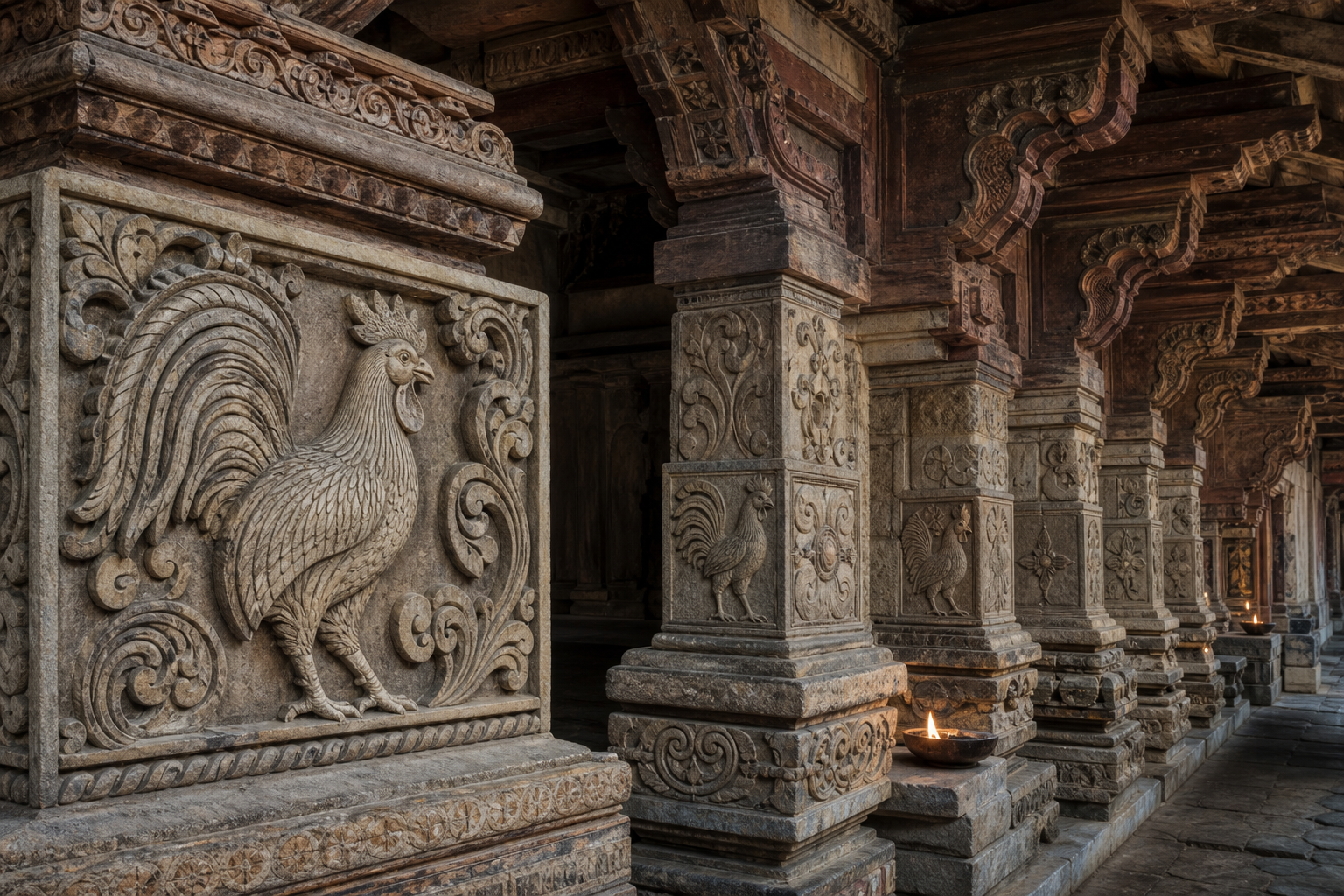 Repeated rooster carvings among floral borders, pillars, and other motifs along a South Indian temple corridor.