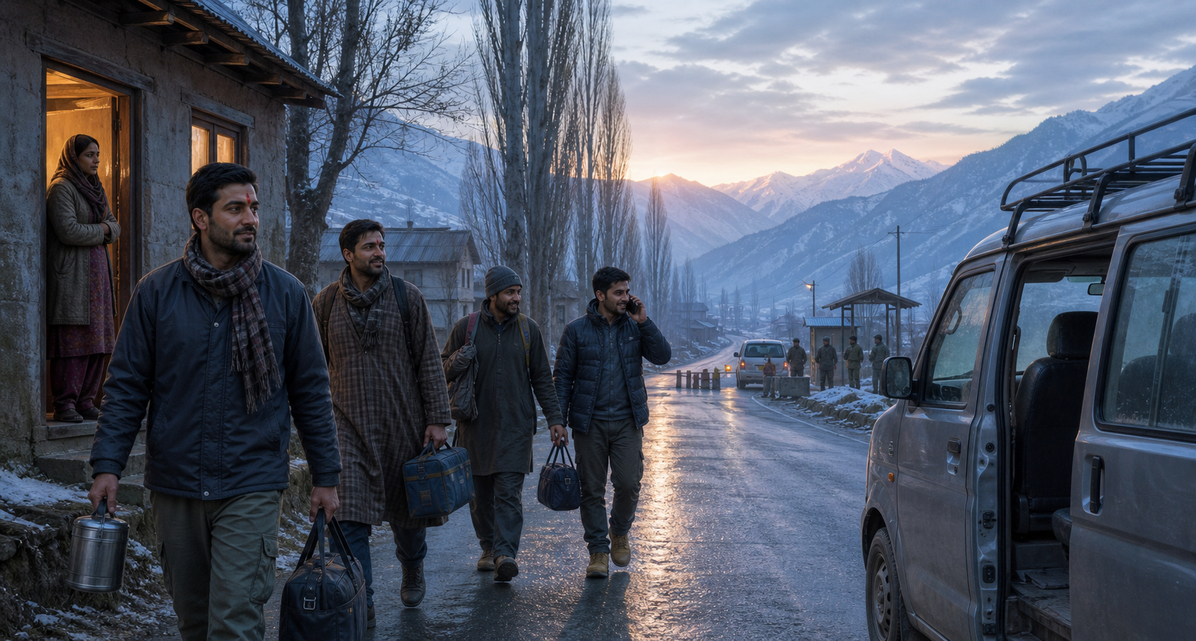 A group of Hindu migrant workers travels together at dawn while checking in by phone near a guarded road in Jammu and Kashmir.