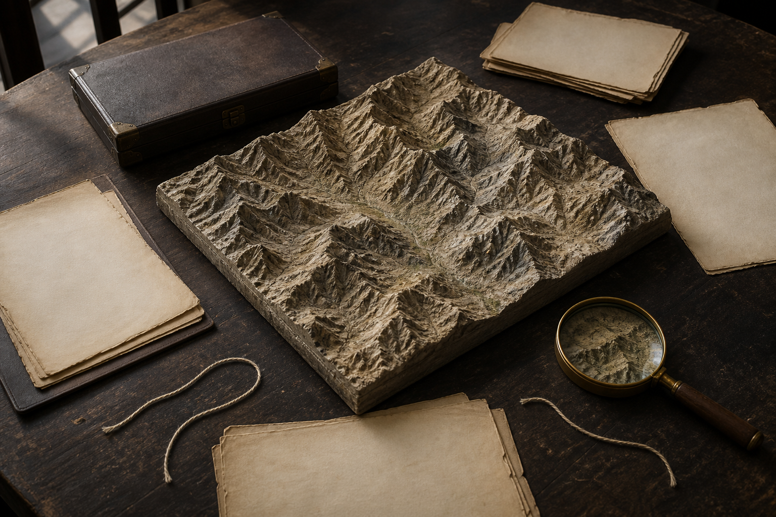 A magnifying glass, blank archival folios, and an unlabeled relief model of a mountainous borderland arranged on a research table.