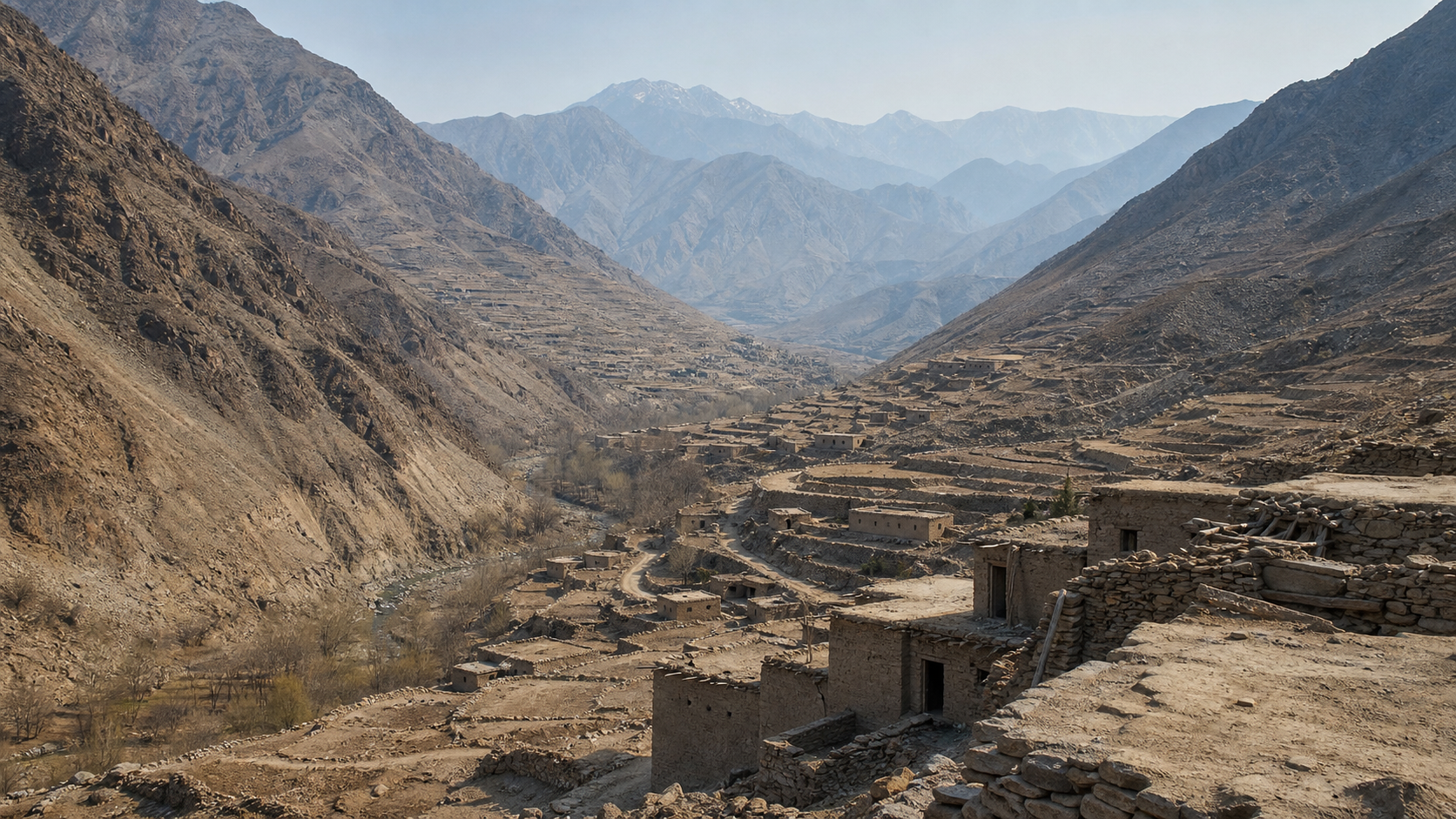 An arid mountain valley with terraced slopes, scattered stone compounds, and a narrow route through layered ridgelines.