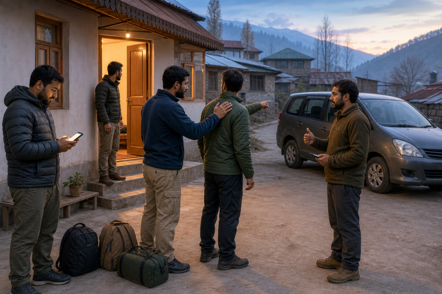 Workers use phones, pair up, and prepare emergency bags before leaving shared accommodation for work.