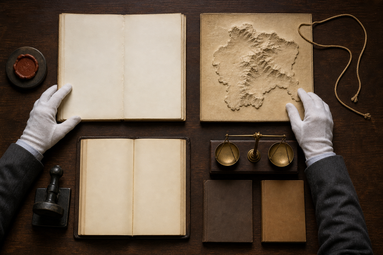 Four groups of legal, territorial, administrative, and diplomatic evidence are arranged on an archivist's table beneath a researcher's gloved hands.
