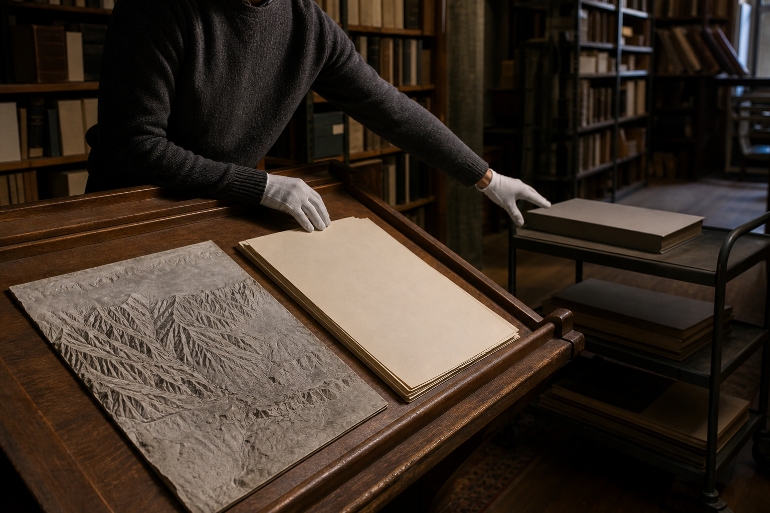 A researcher in an archive moves one closed portfolio aside while examining blank folios and a relief study of a mountainous frontier.