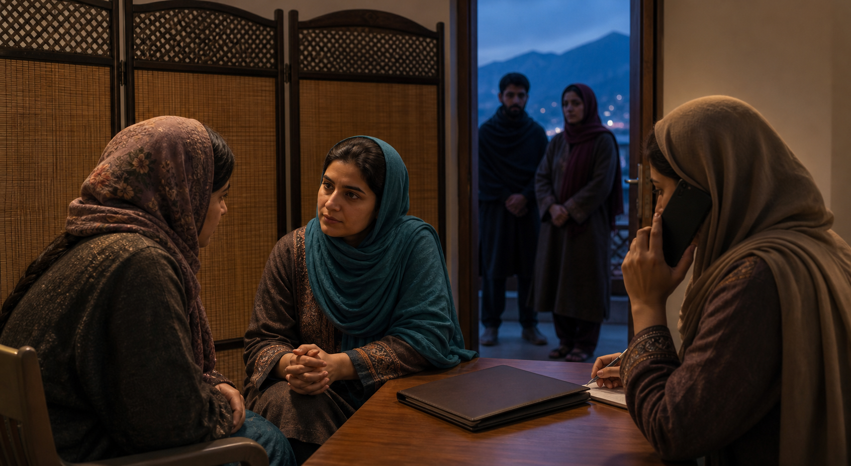 A worker speaks privately with a community volunteer while support is contacted and companions wait nearby.
