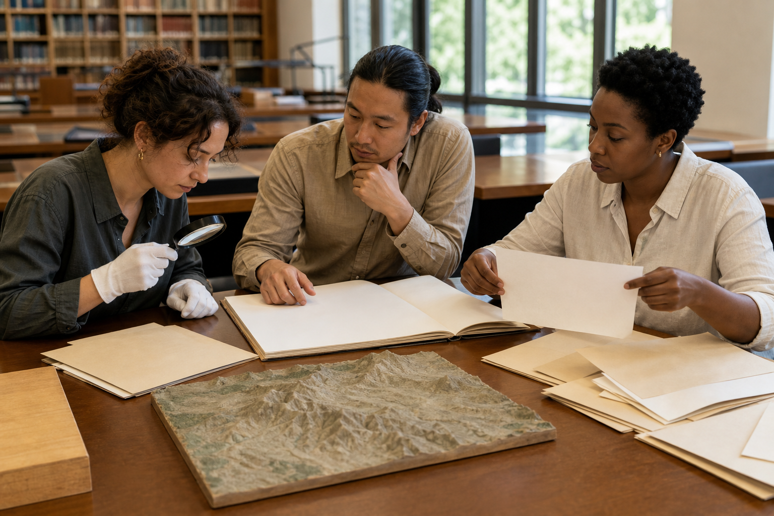 Three researchers in a library compare archival materials and a terrain model while setting one unsupported sheet aside.