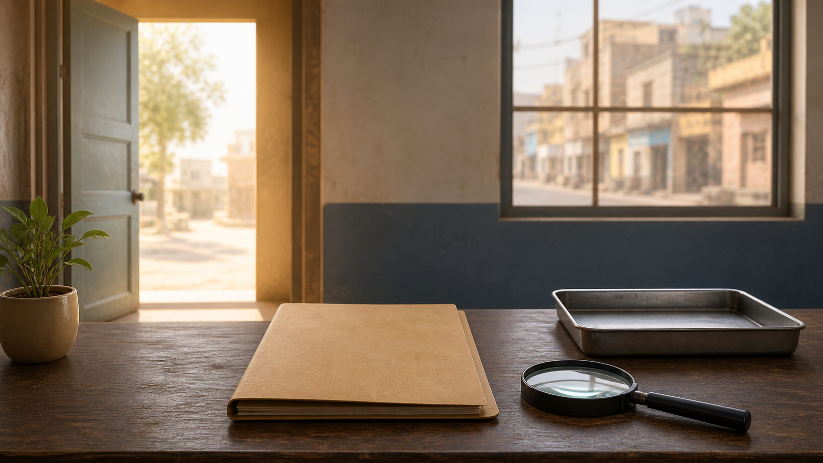 An open doorway, a closed case folder, and a magnifying glass arranged on a police-office desk in a restrained editorial illustration.