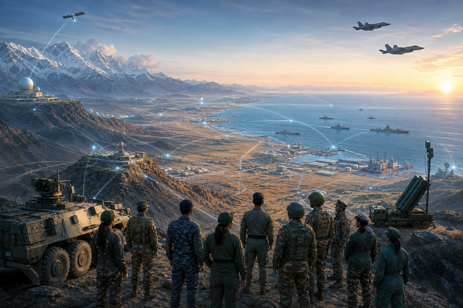 Indian land, air and naval forces are shown connected with command posts, repair depots, shipyards and factories across mountain, desert and ocean settings.