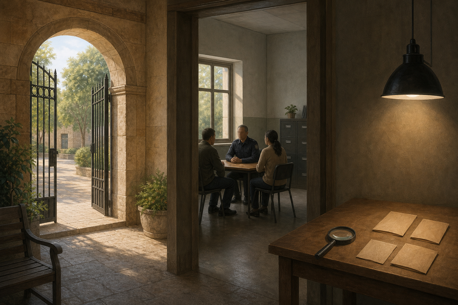 A protected open gate, anonymous adults speaking with an officer, and an evidence table shown as three separate parts of one editorial scene.