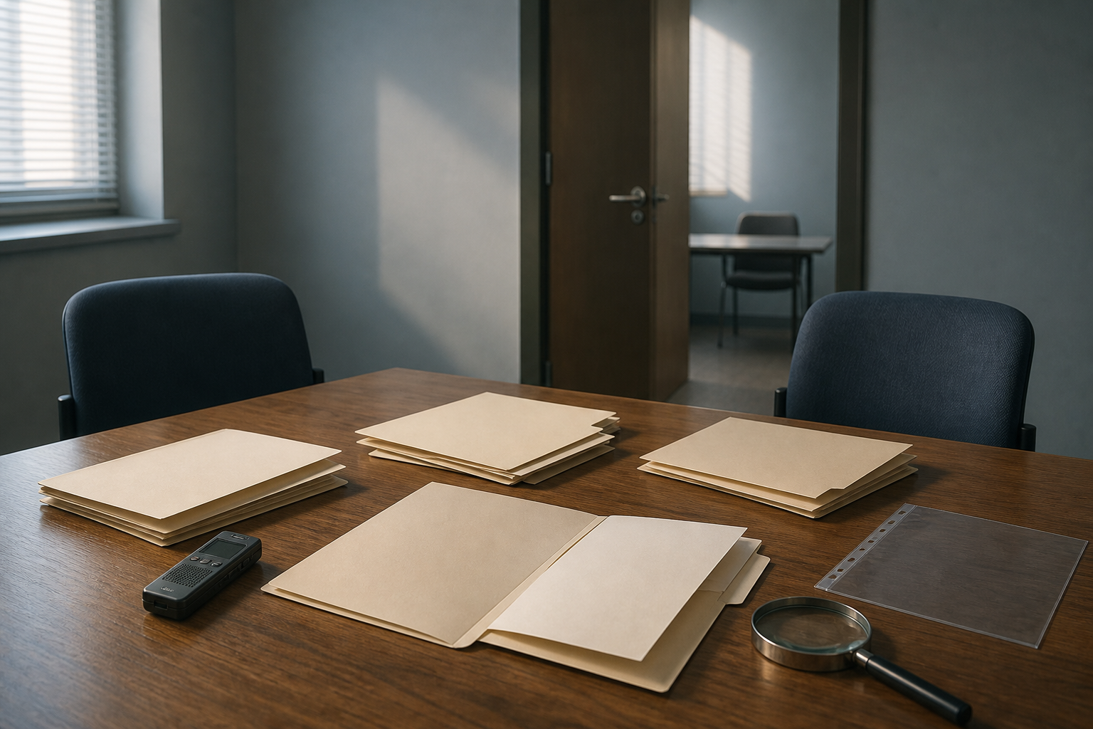 Unmarked folders, an audio recorder, a magnifying glass, empty chairs, and a half-open interview-room door suggest unanswered investigative questions.