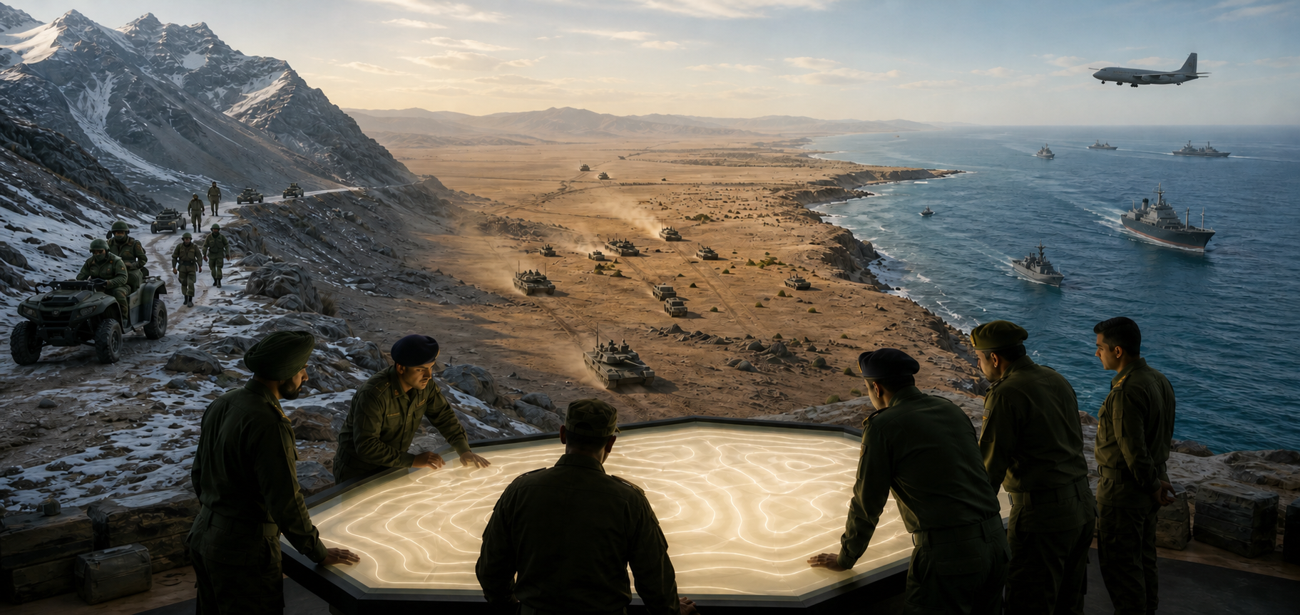 A command team observes military activity across a mountain pass, a desert plain and a busy ocean route in a continuous panoramic scene.