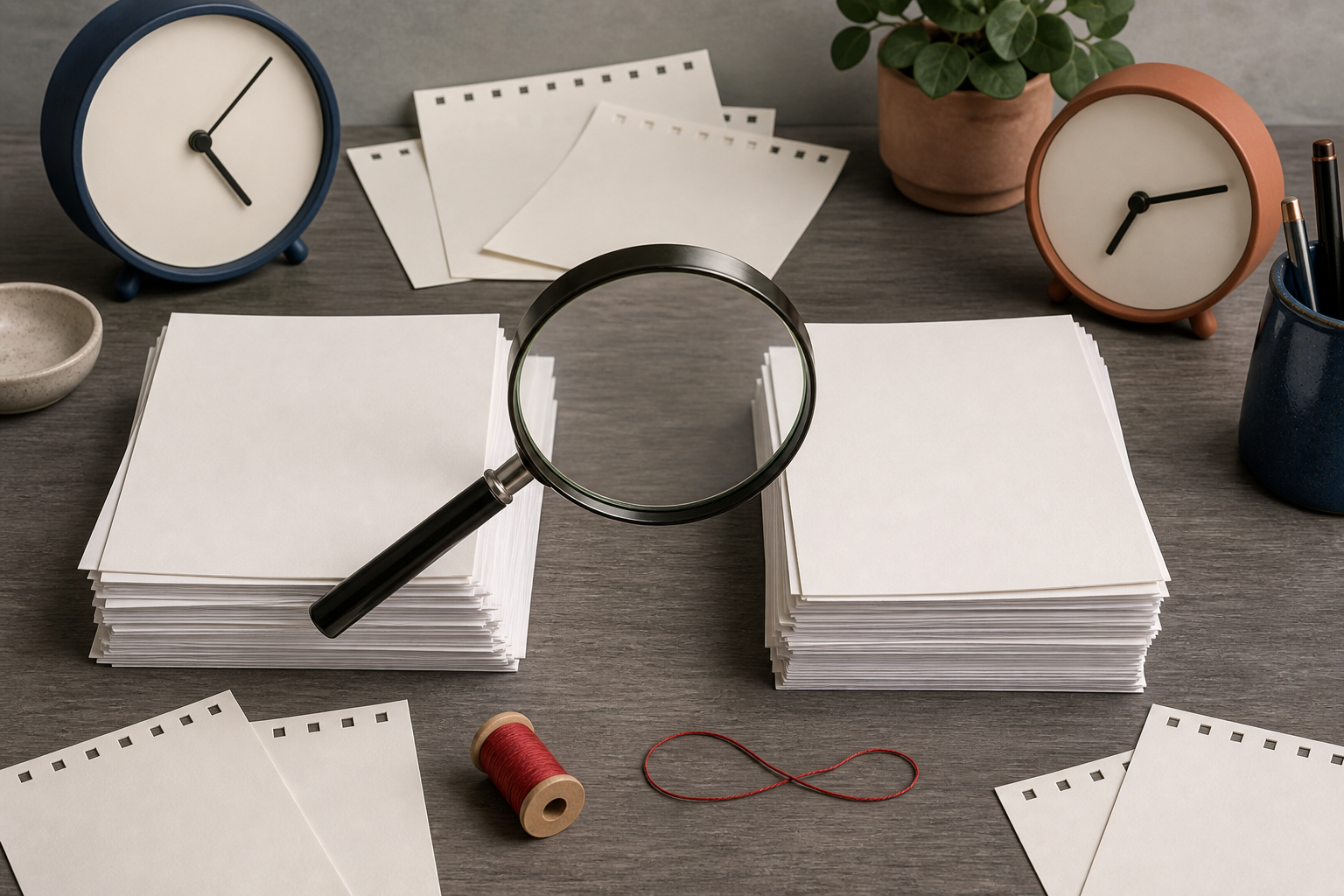 Blank calendar sheets, two clocks, separated document stacks, and a magnifying glass visualize a gap in an unverified chronology.