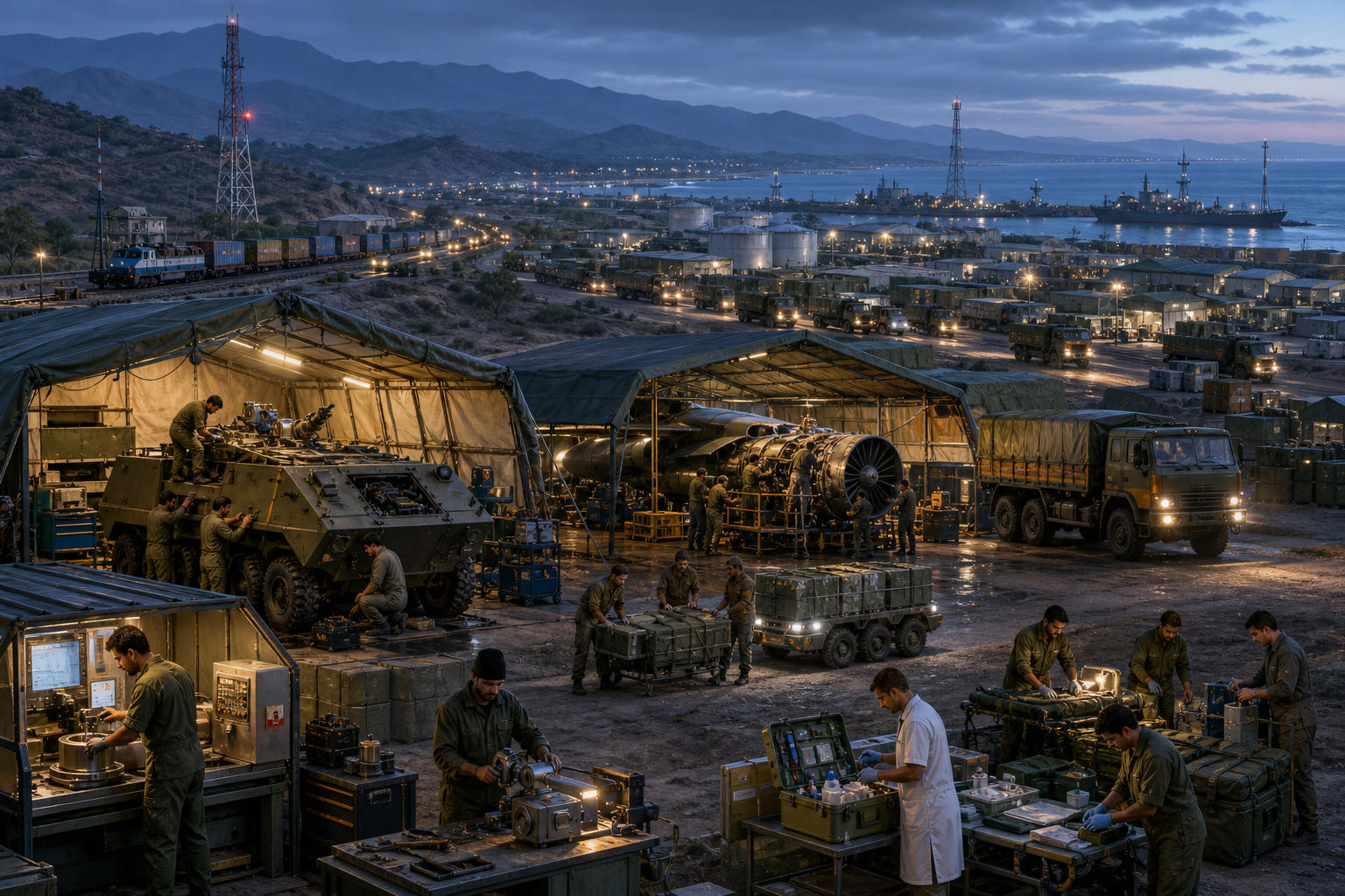 Technicians maintain vehicles and aircraft at a forward base supplied by trucks, rail, coastal shipping, warehouses and a small fabrication unit.