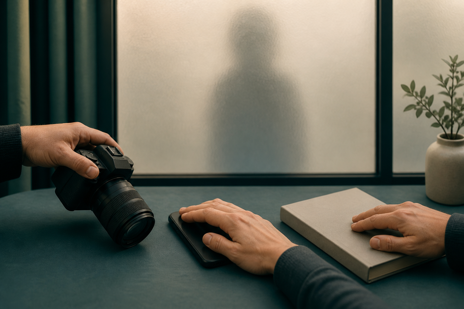 A blurred young silhouette stands behind frosted glass while adults lower a camera, turn over a phone, and close an unmarked file.