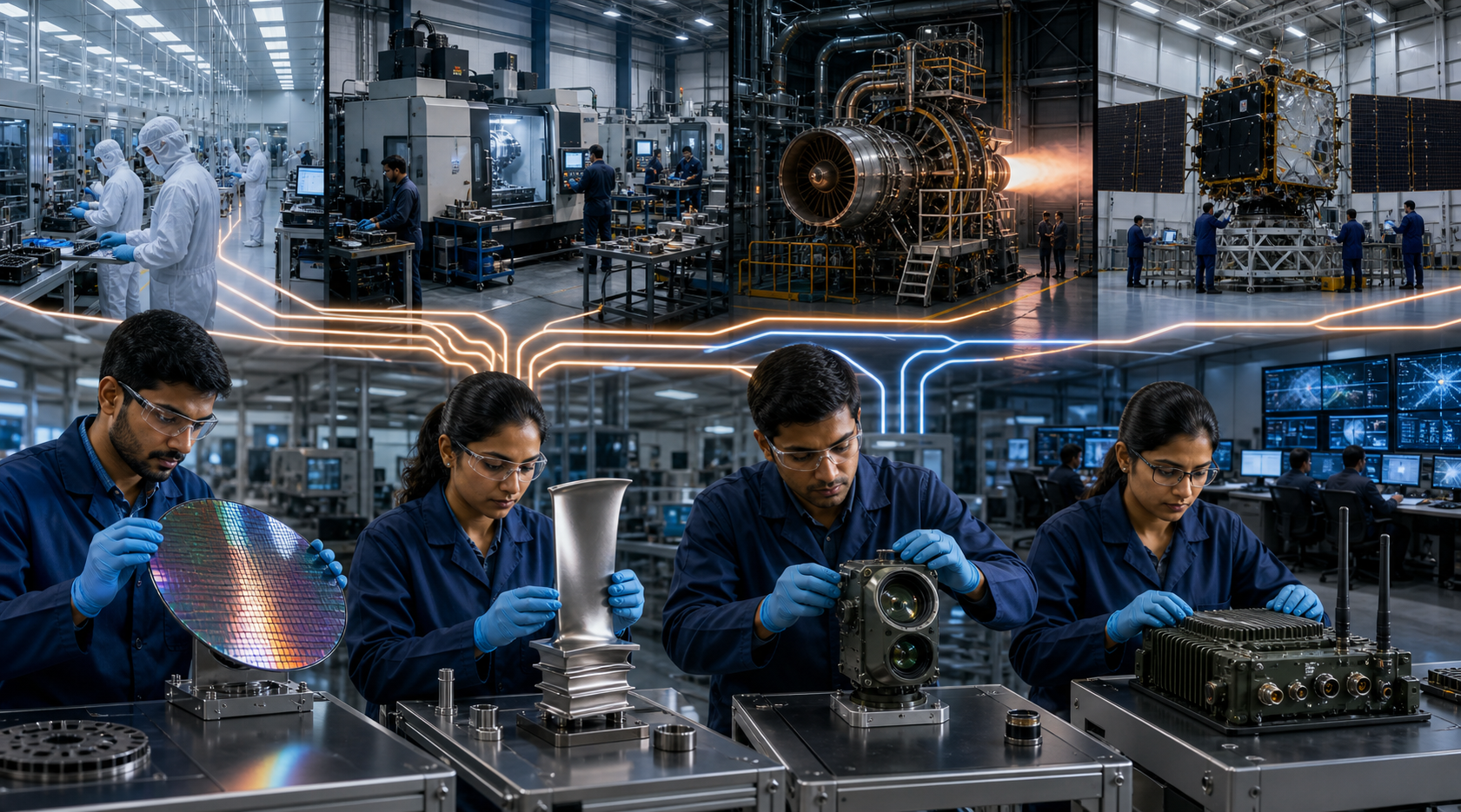 Indian engineers work with a semiconductor wafer, turbine blade, optical sensor and radio module in connected cleanroom, machining, propulsion and satellite facilities.