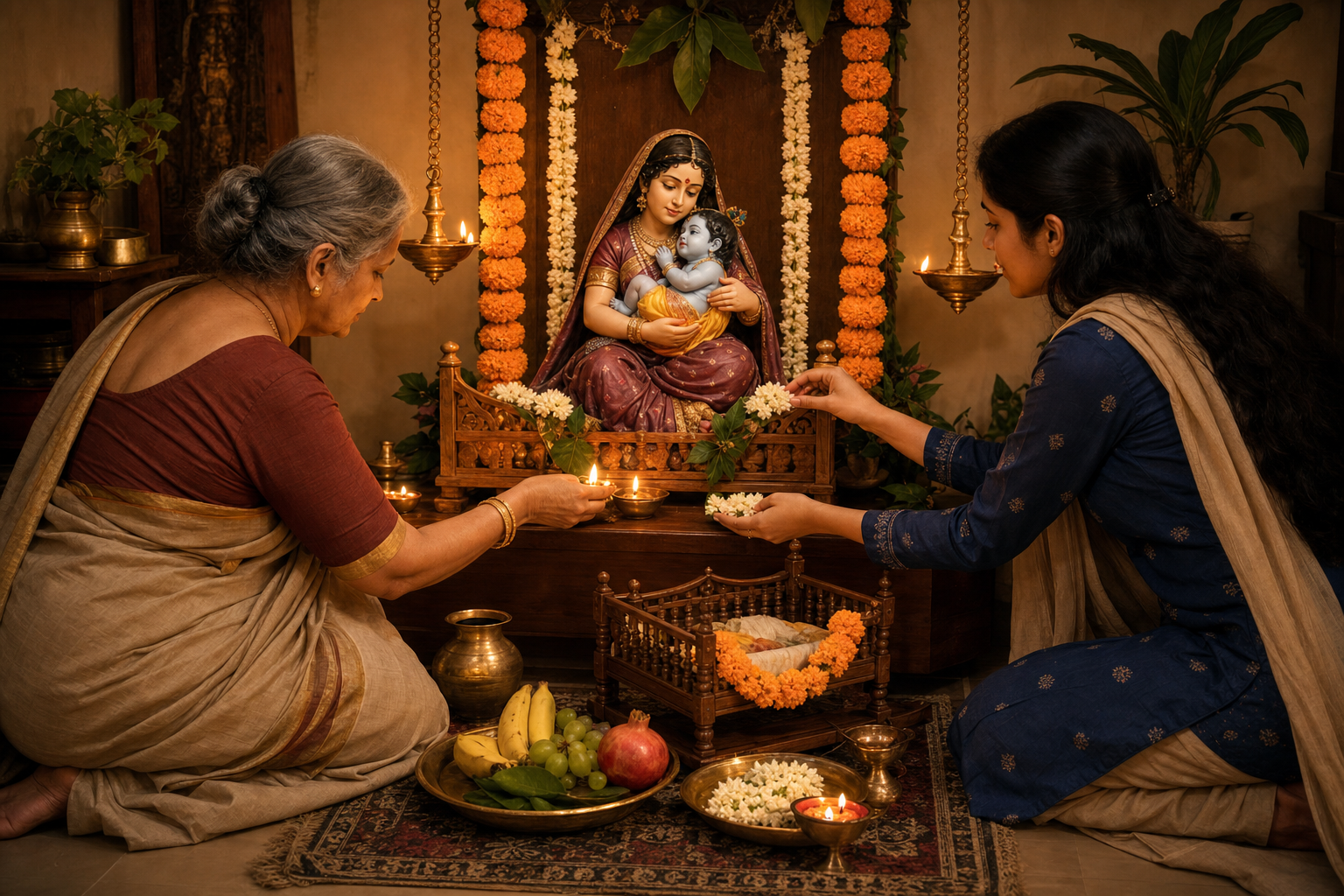 Two devotees place a lamp and flowers before a home shrine showing Devaki holding the newborn Krishna during Janmashtami.