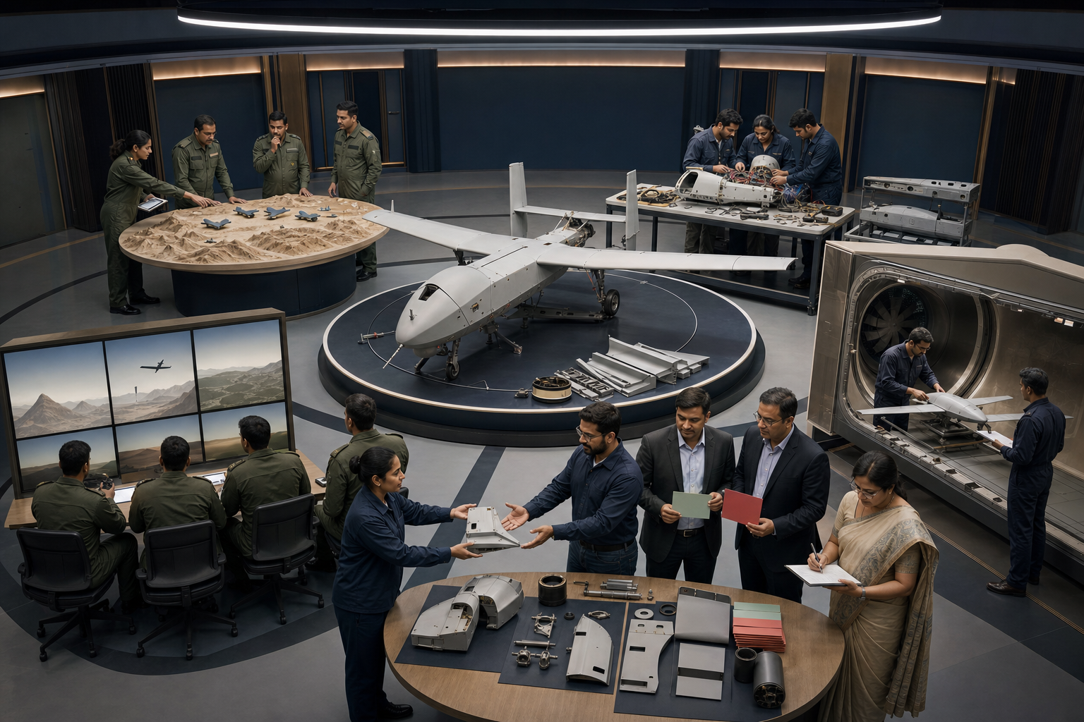 Planners, engineers, test crews, operators, maintainers and audit officials form a circular development process around an unmanned aircraft prototype.
