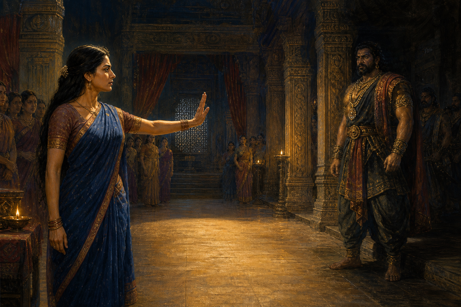Draupadi raises an open hand toward Kichaka across a band of lamplight in an ancient palace corridor while attendants watch from the shadows.