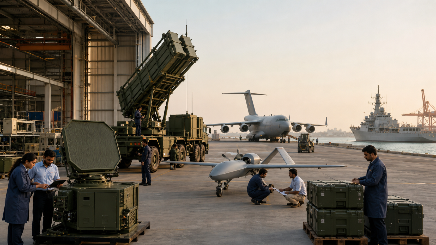 Engineers inspect defence systems in an Indian manufacturing complex connected to an airfield and seaport logistics area.