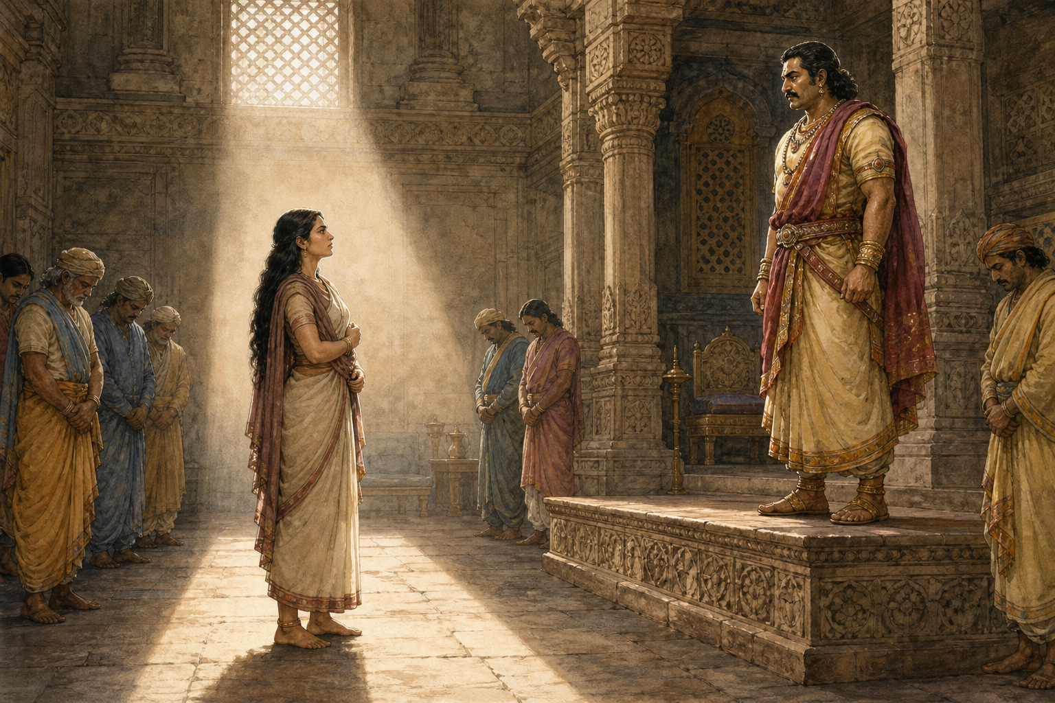 Draupadi stands in a shaft of daylight on the floor of a palace chamber while the richly dressed Kichaka faces her from a raised step and courtiers look away.