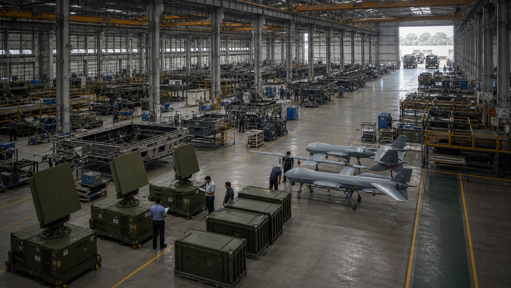 A defence factory shows completed export-ready equipment in front of assembly bays where production and inspection work continues.