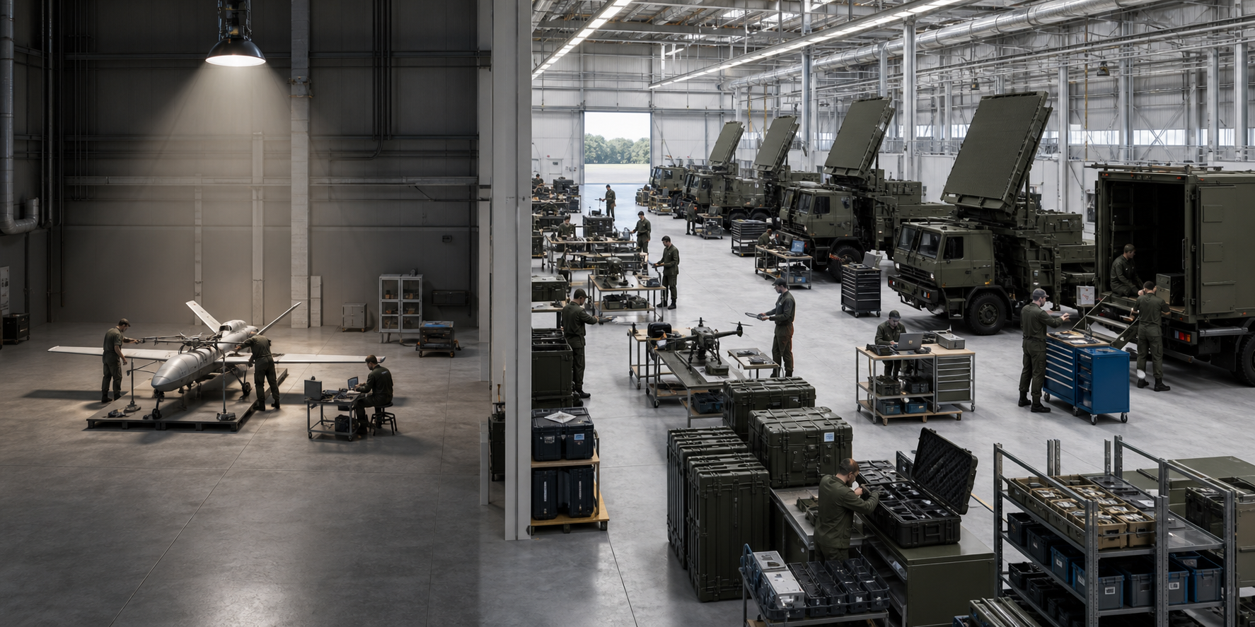 An isolated defence prototype stands beside a production line where standardized systems, spare parts, and support equipment are inspected for delivery.