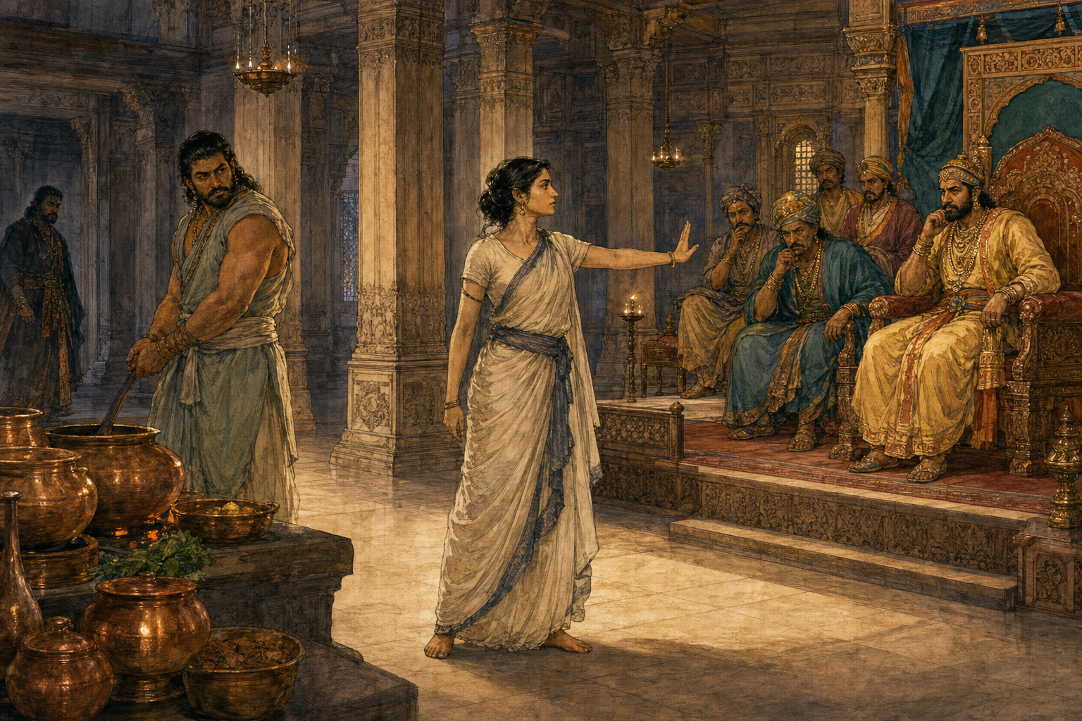 Draupadi stands at the center of a palace chamber, with Bhima dressed as a cook beside copper vessels, royal figures seated on a dais, and Kichaka partly hidden beyond the pillars.