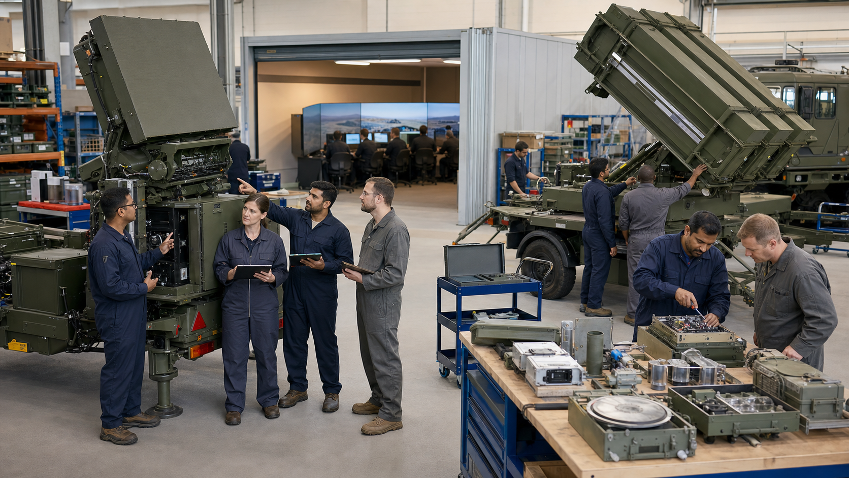 Indian and international technicians inspect and maintain a defence system in a depot equipped with spare parts, diagnostics, and training facilities.