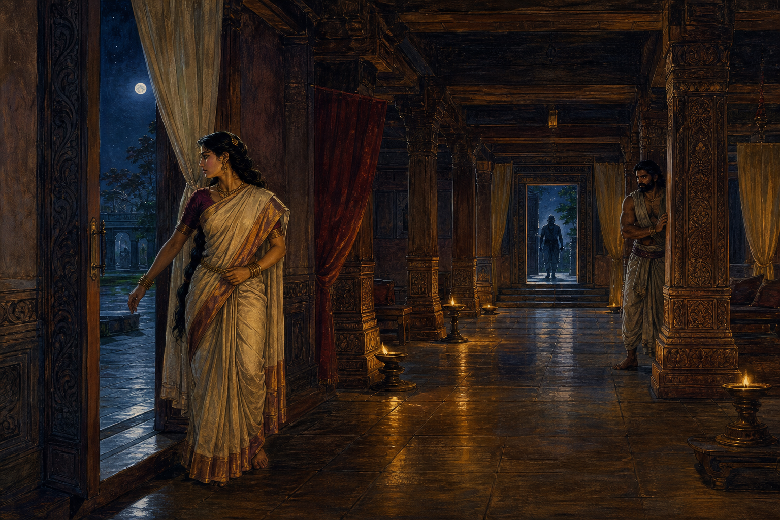 Draupadi stands beside an open doorway in a lamplit palace hall while Bhima waits behind a pillar and Kichaka's distant silhouette approaches from the opposite entrance.
