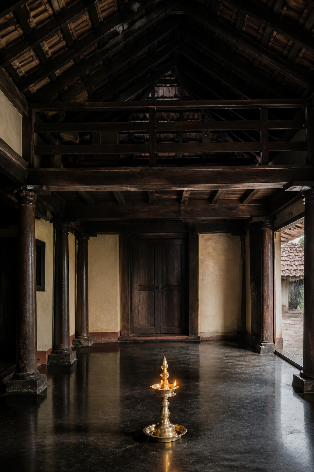 Interior of a traditional Kerala ancestral house with a wooden loft above and a lit brass oil lamp on the floor below.