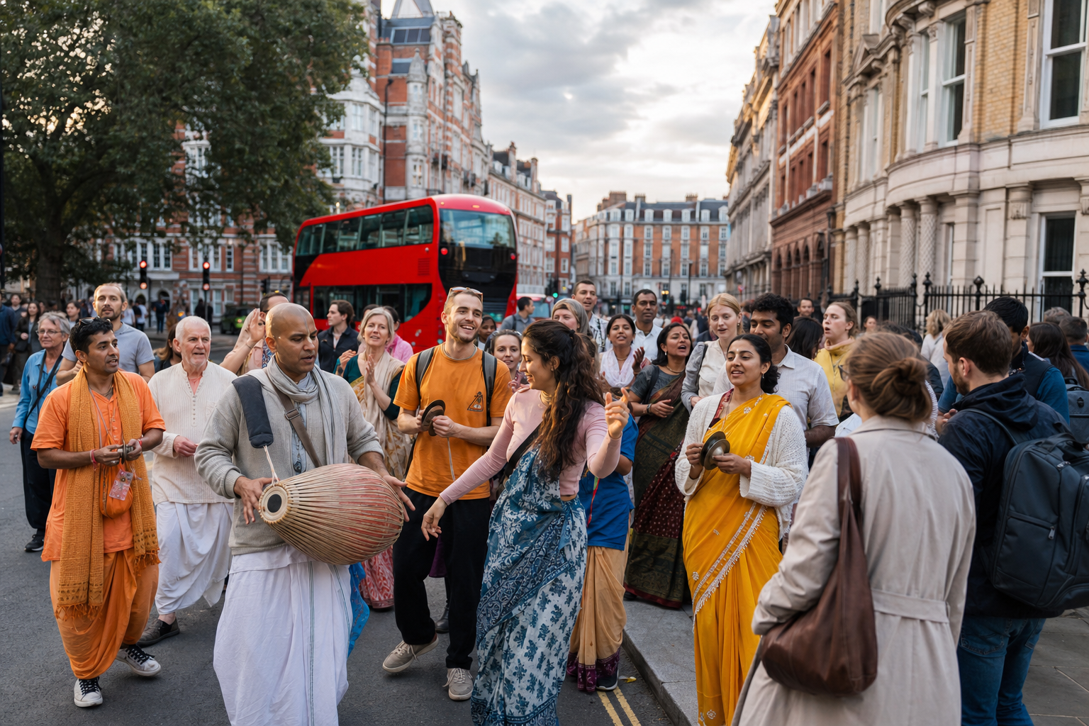 Hare Krishna devotees chant, dance, and play a drum and hand cymbals during a street celebration in central London as pedestrians watch nearby.