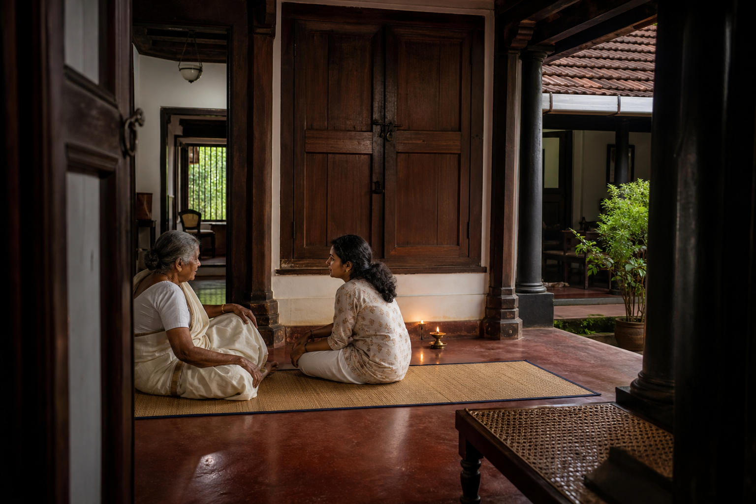 An older woman and an adult family member sit inside a Kerala ancestral home near a wooden loft recess and a small brass lamp.