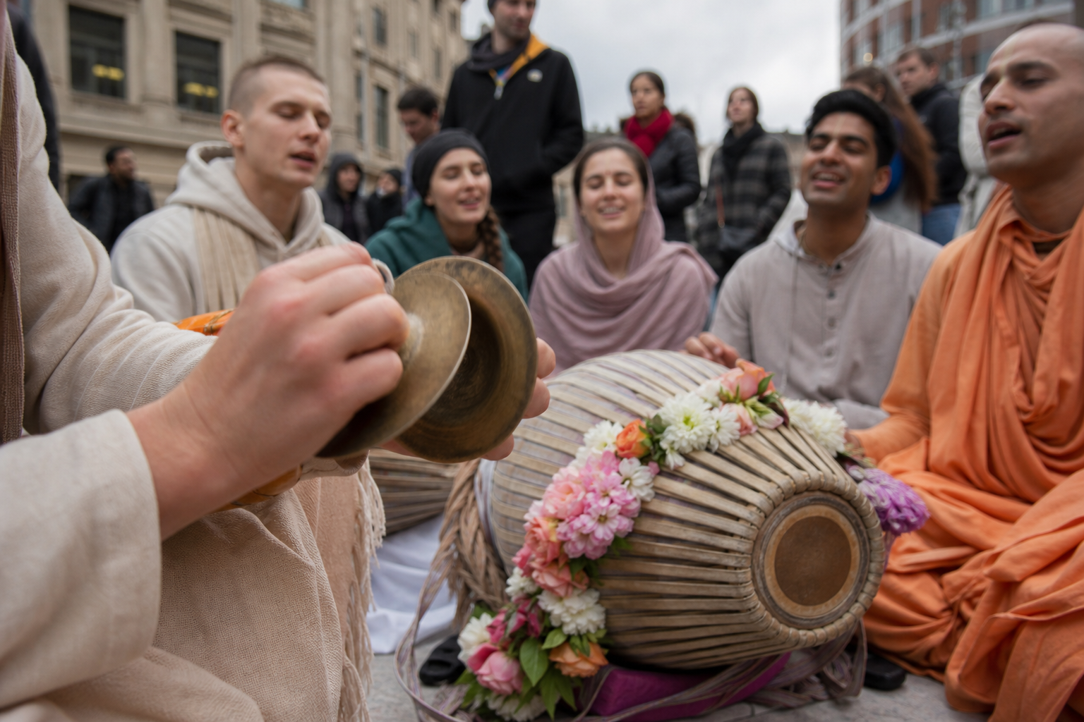 Hands play brass cymbals beside a flower-garlanded drum while a circle of Hare Krishna worshippers chants on a London street.