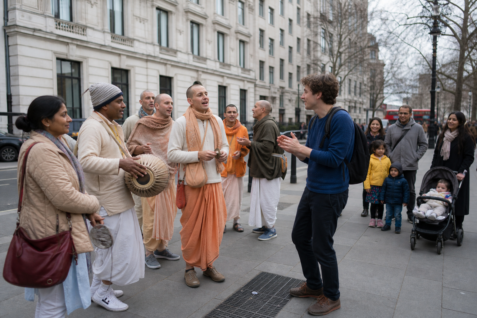 People join a London Hare Krishna gathering in different ways, with some dancing and clapping while others stand nearby and listen.