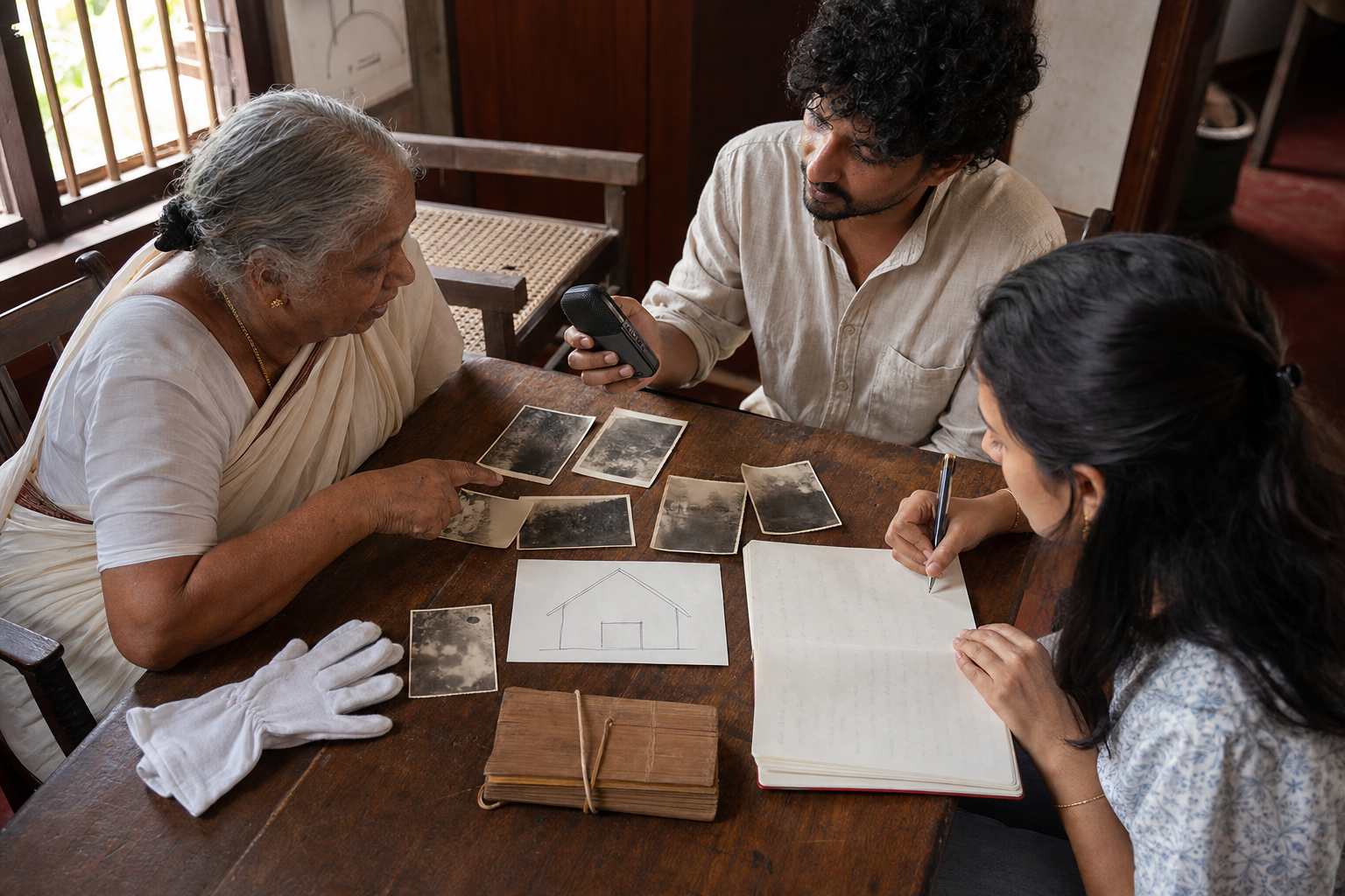 Three family members document an oral history at a table with old photographs, a closed palm-leaf bundle, a notebook, and an audio recorder.